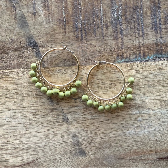 Gold Hoop Earrings with Green Detail - Picture 3 of 3